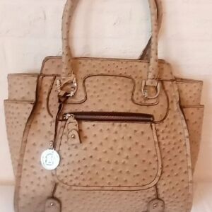 ​London Fog Ostrich Print Satchel Handbag - Neutral Tan/Taupe
